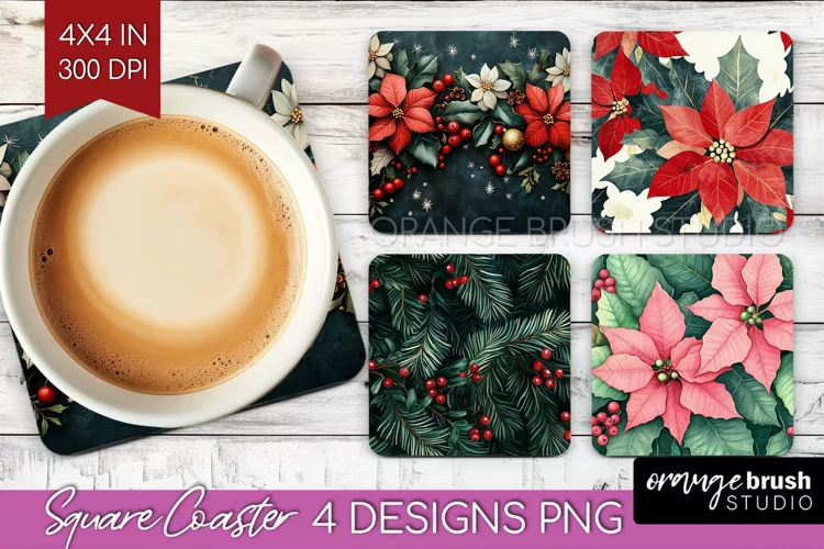 Poinsettia Square Coaster - Christmas Coaster PNG