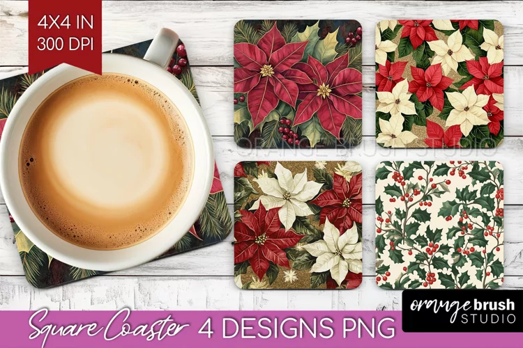 Poinsettia Square Coaster - Christmas Coaster PNG