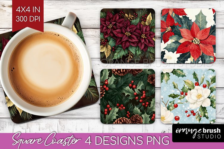Poinsettia Square Coaster - Christmas Coaster PNG example image 1