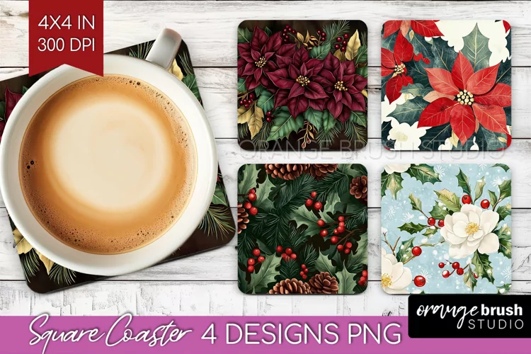 Poinsettia Square Coaster - Christmas Coaster PNG