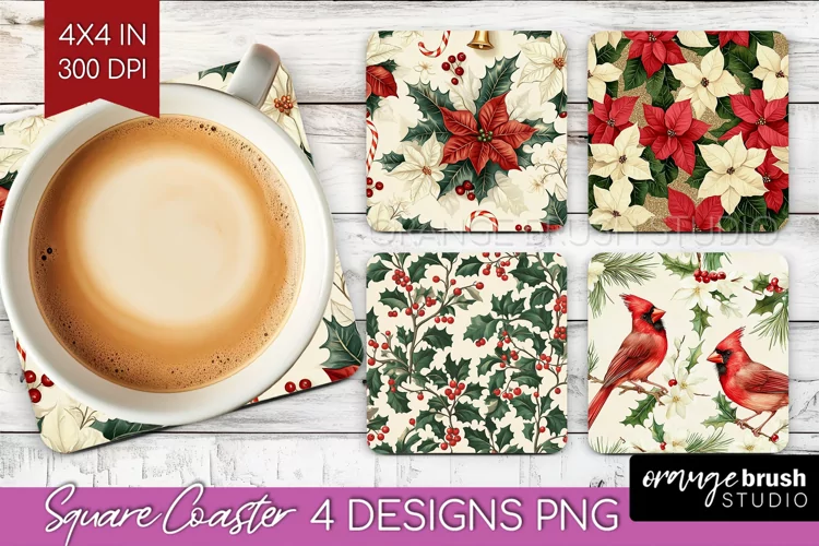 Poinsettia Square Coaster - Christmas Coaster PNG