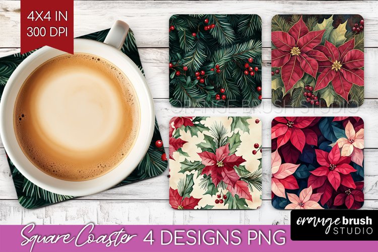 Poinsettia Square Coaster - Christmas Coaster PNG example image 1