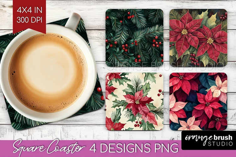 Poinsettia Square Coaster - Christmas Coaster PNG