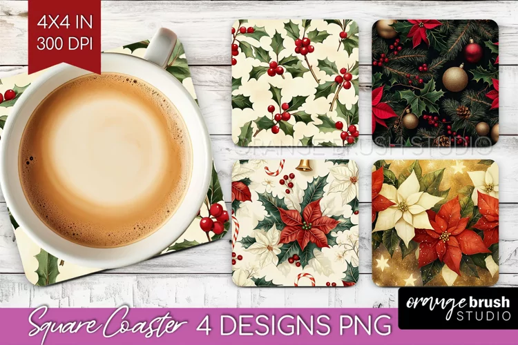 Poinsettia Square Coaster - Christmas Coaster PNG