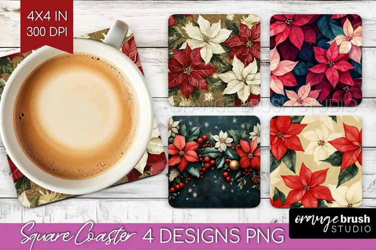 Poinsettia Square Coaster - Christmas Coaster PNG