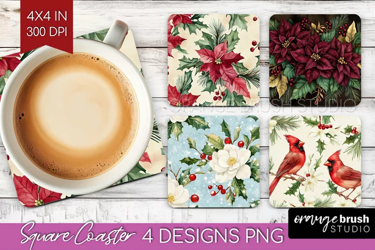 Poinsettia Square Coaster - Christmas Coaster PNG