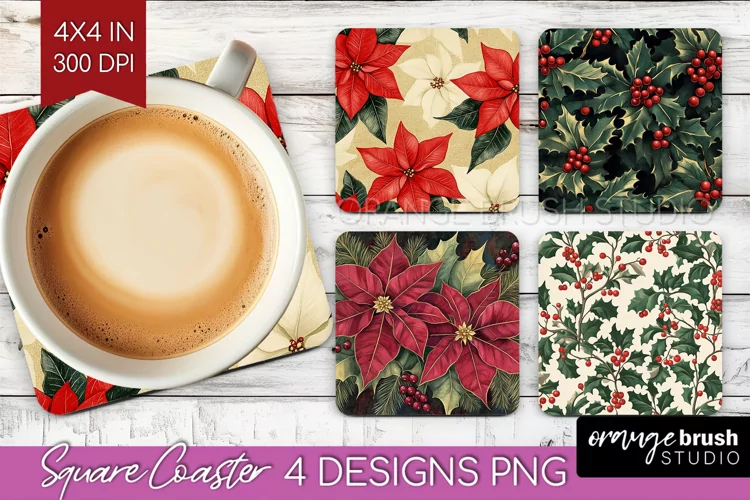 Poinsettia Square Coaster - Christmas Coaster PNG