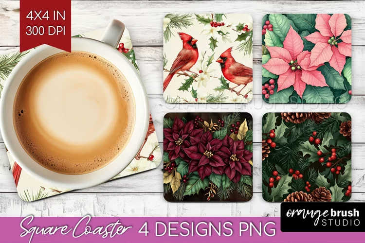 Poinsettia Square Coaster - Christmas Coaster PNG