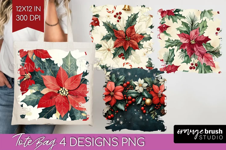 Poinsettia Tote Bag - Christmas Tote Bag PNG Sublimation