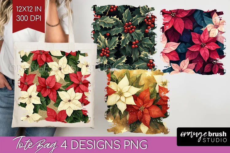 Poinsettia Tote Bag - Christmas Tote Bag PNG Sublimation