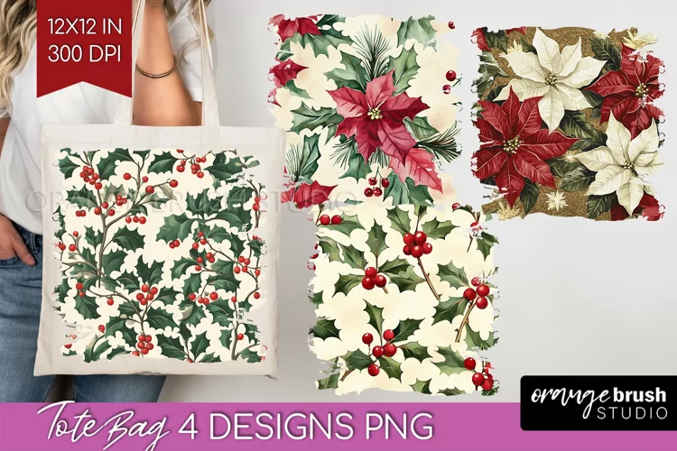 Poinsettia Tote Bag - Christmas Tote Bag PNG Sublimation