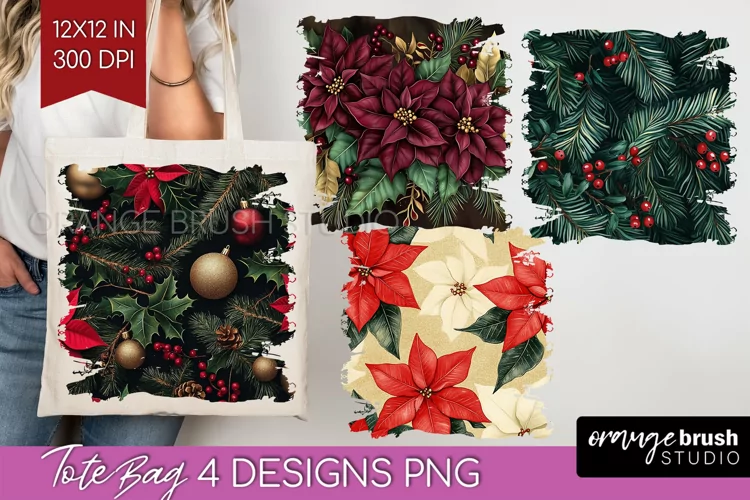 Poinsettia Tote Bag - Christmas Tote Bag PNG Sublimation