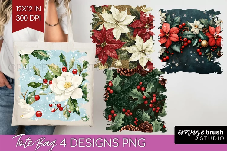 Poinsettia Tote Bag - Christmas Tote Bag PNG Sublimation