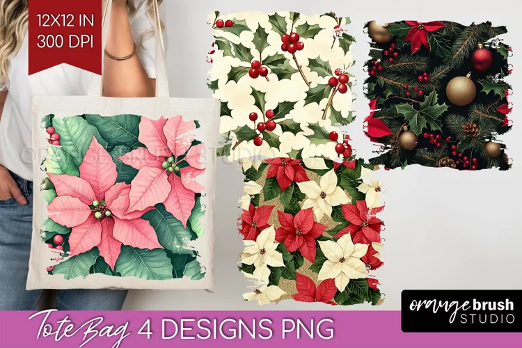Poinsettia Tote Bag - Christmas Tote Bag PNG Sublimation