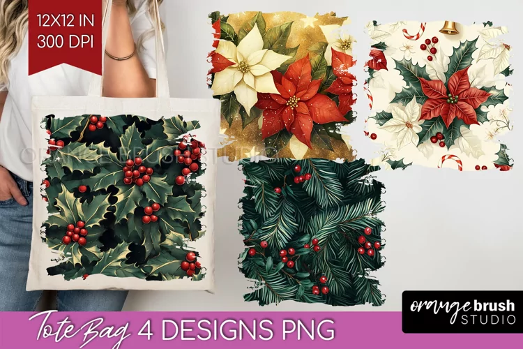 Poinsettia Tote Bag - Christmas Tote Bag PNG Sublimation