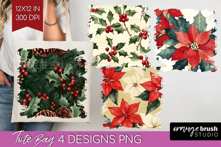 Poinsettia Tote Bag - Christmas Tote Bag PNG Sublimation
