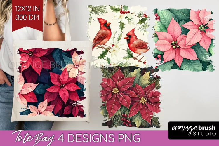 Poinsettia Tote Bag - Christmas Tote Bag PNG Sublimation