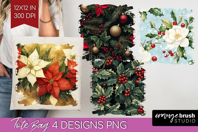 Poinsettia Tote Bag - Christmas Tote Bag PNG Sublimation
