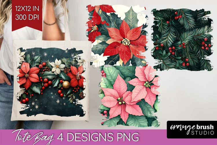Poinsettia Tote Bag - Christmas Tote Bag PNG Sublimation