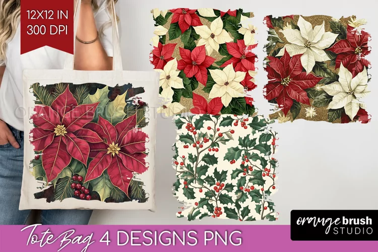 Poinsettia Tote Bag - Christmas Tote Bag PNG Sublimation