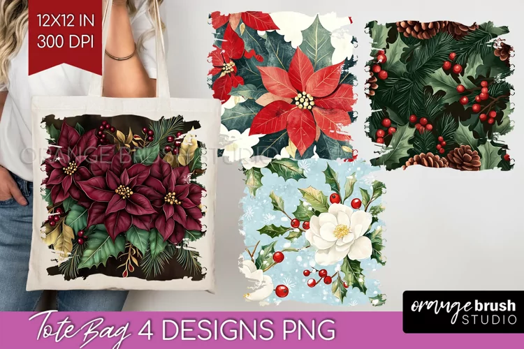 Poinsettia Tote Bag - Christmas Tote Bag PNG Sublimation