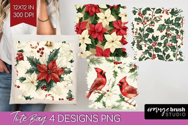 Poinsettia Tote Bag - Christmas Tote Bag PNG Sublimation