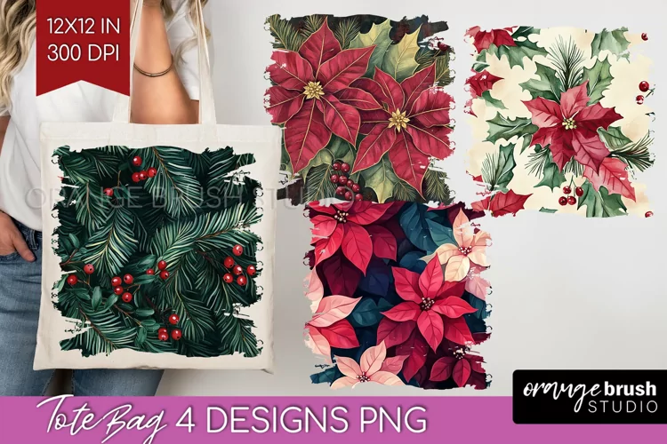Poinsettia Tote Bag - Christmas Tote Bag PNG Sublimation