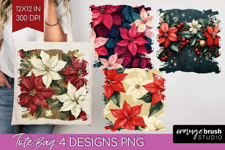 Poinsettia Tote Bag - Christmas Tote Bag PNG Sublimation