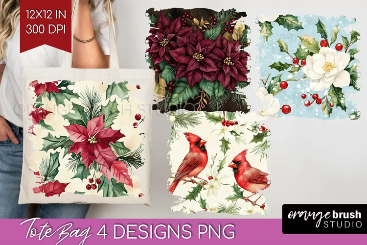 Poinsettia Tote Bag - Christmas Tote Bag PNG Sublimation