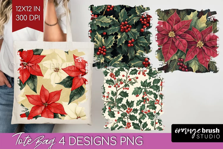 Poinsettia Tote Bag - Christmas Tote Bag PNG Sublimation