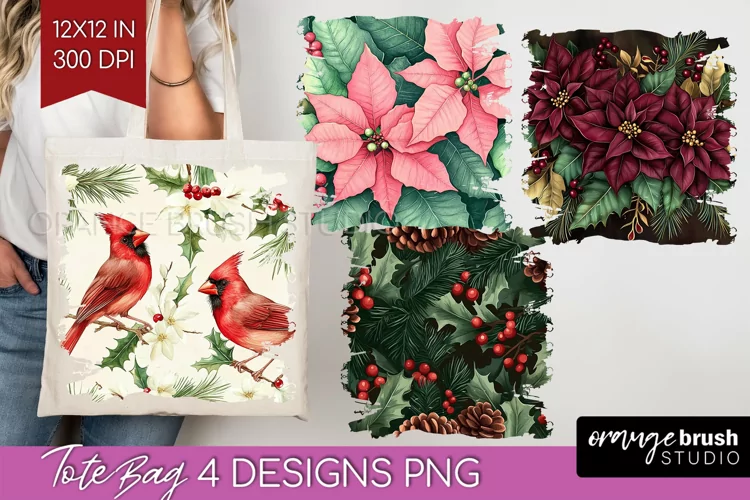 Poinsettia Tote Bag - Christmas Tote Bag PNG Sublimation