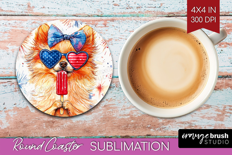 Pomeranian Dog Round Coaster 4th Of July Coaster PNG