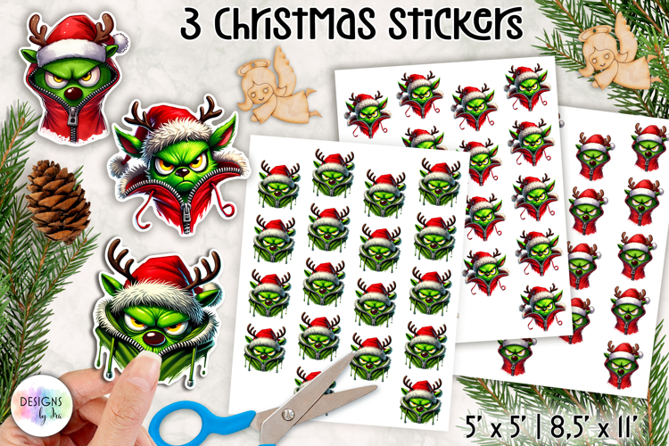 Christmas Grumpy Stickers, Funny Green Character Holiday