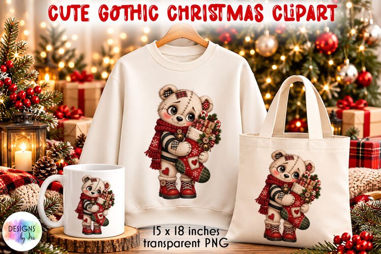 Gothic Patchwork Polar Bear Christmas PNG, Christmas Clipart example image 1