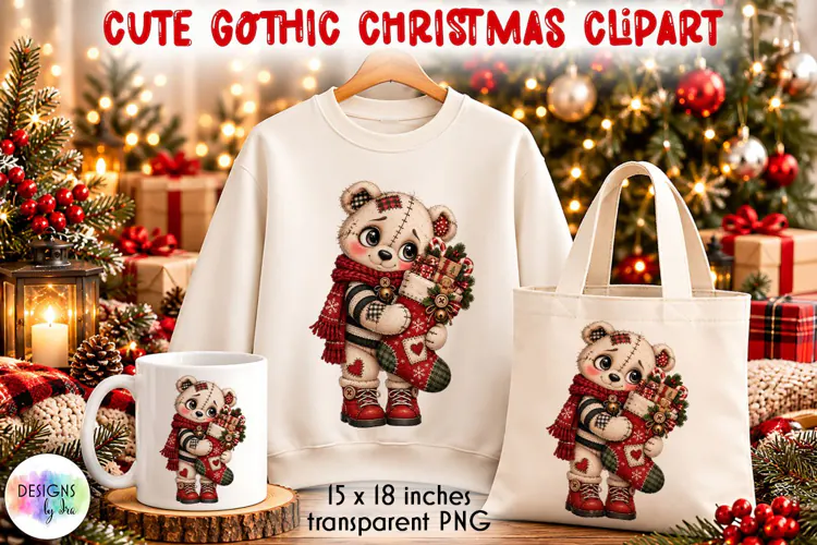 Gothic Patchwork Polar Bear Christmas PNG, Christmas Clipart