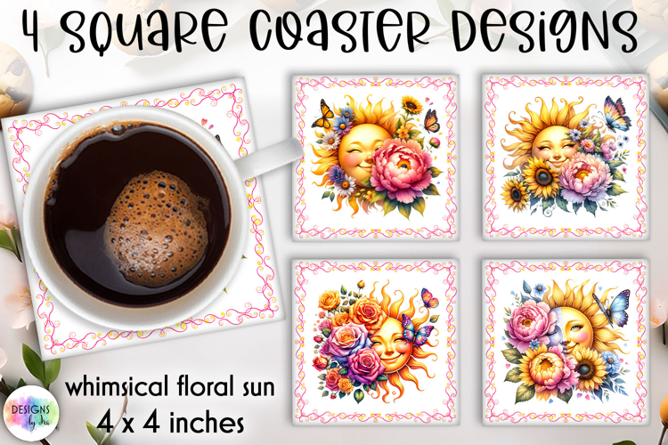 Whimsical Floral Sun Coaster Sublimation, Square Coaster PNG