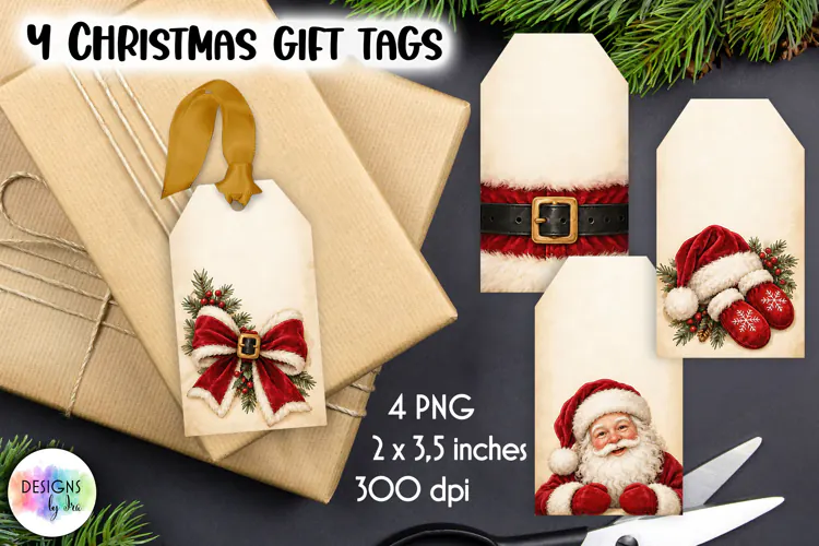 Vintage Gift Tags Printable, Santa Christmas Gift Tags
