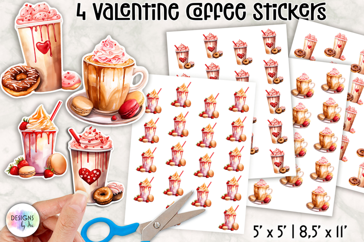 Valentine Coffee Stickers Clipart, Pink & Red Café Drinks