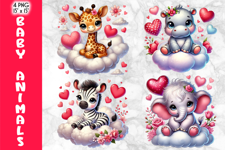 Cute Baby Animals on Clouds Valentine Clipart, Valentines