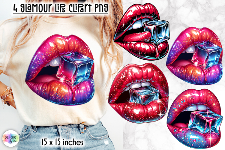 Ice Cube Glam Lips Clipart PNG, Glitter Lips with Ice Print