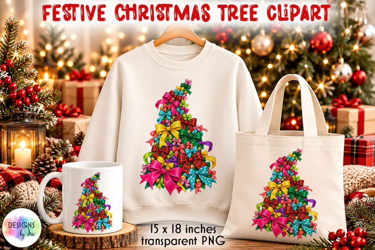 Colourful Christmas Bow Tree PNG Sublimation