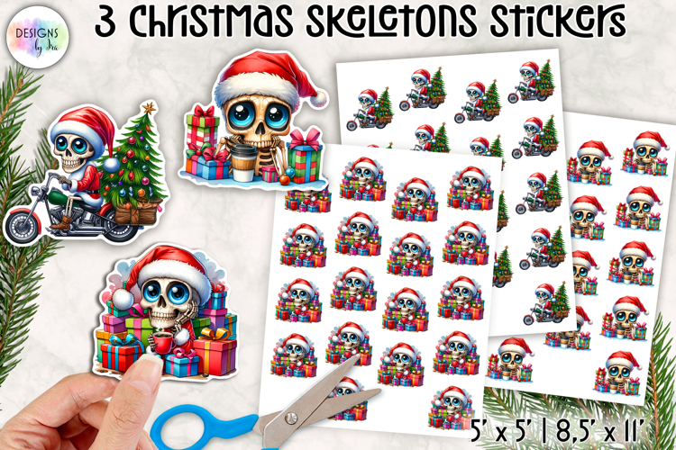 Cute Christmas Skeleton Stickers, Funny Santa Skull Stickers