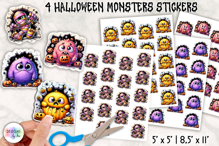 Halloween Monster Stickers, Cute Creepy Monster Clipart