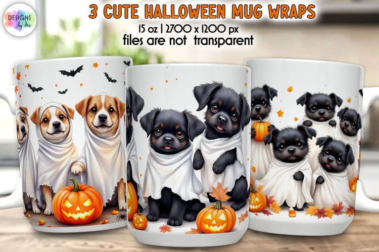 Cute Puppy Halloween Mug Wraps, Ghost Dogs with Pumpkins PNG