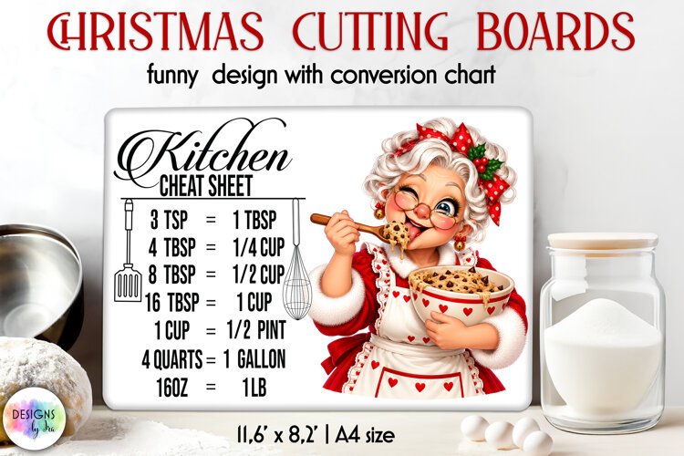 Mrs Claus Christmas Kitchen Cheat Sheet Cutting Board example image 1