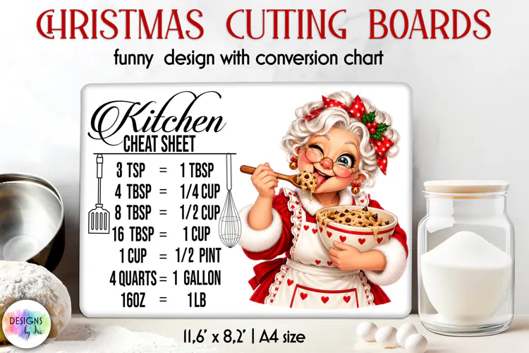 Mrs Claus Christmas Kitchen Cheat Sheet Cutting Board
