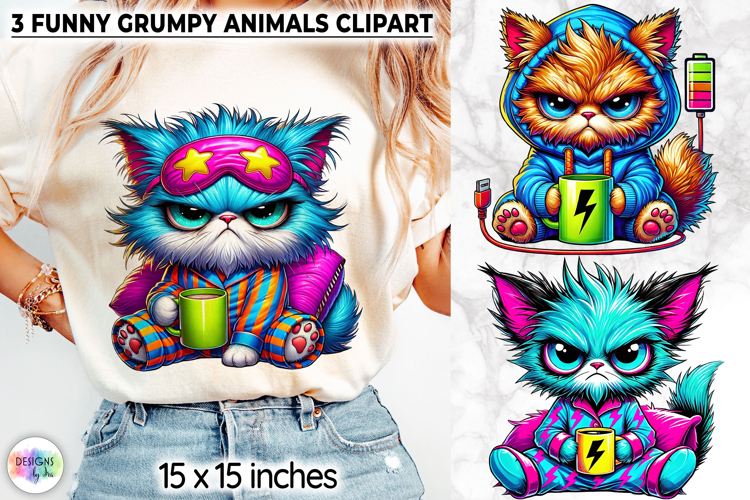 Funny Grumpy Animals Clipart, Coffee Mood Cartoon Character