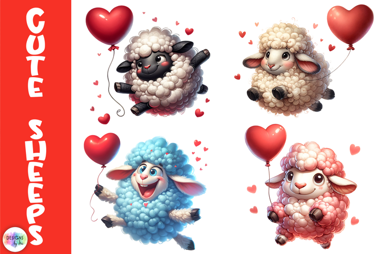 Cute Valentine Sheep Clipart, Fluffy Love Sheep with Hearts