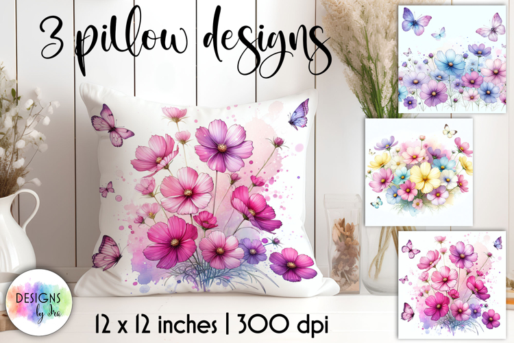 Cosmos Watercolor Floral Illustration with Butterflies