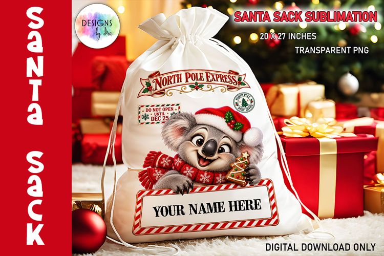 Santa Sack Sublimation PNG, Koala PNG, North Pole Delivery